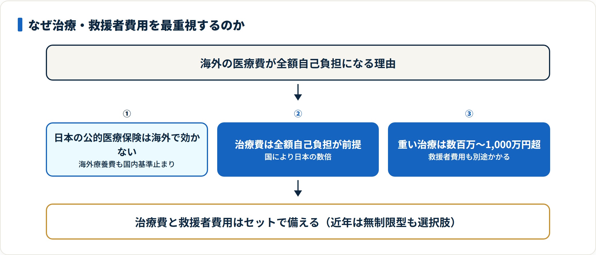 海外の医療費が全額自己負担になる理由と治療・救援者費用の重要性を示した図