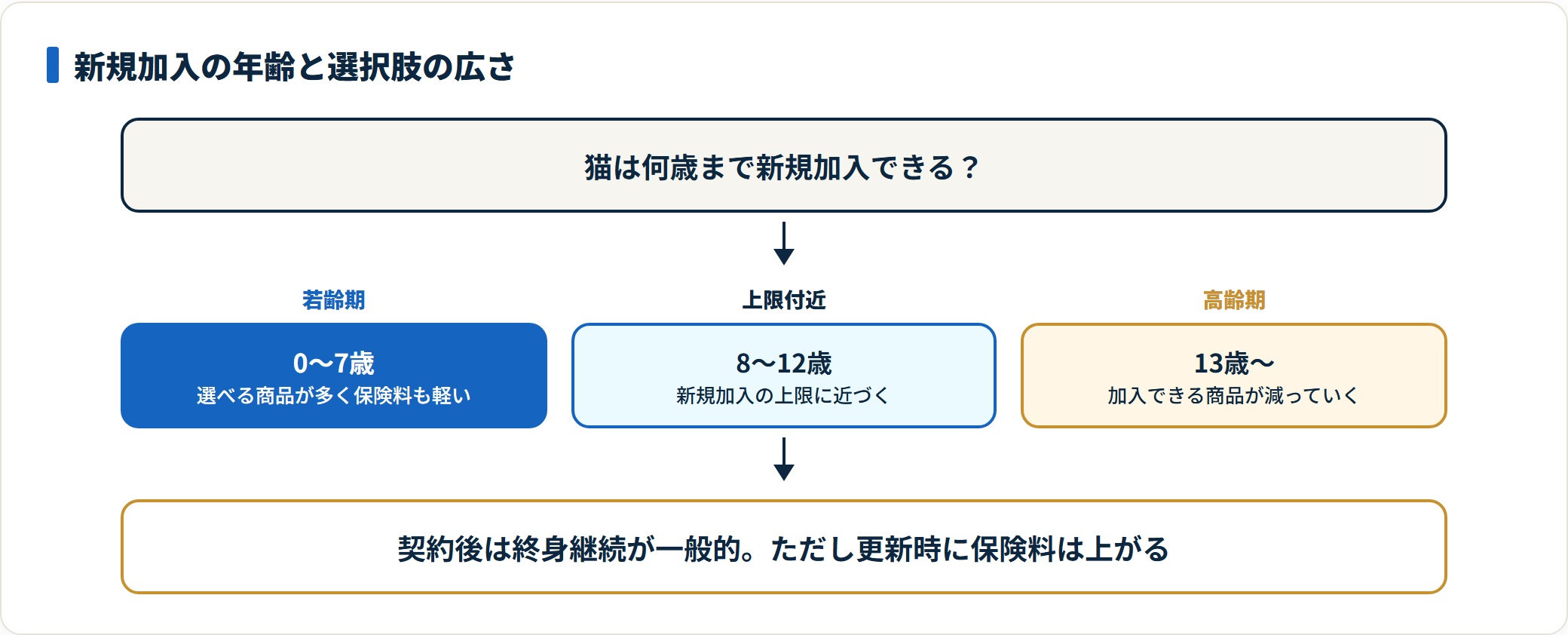 猫のペット保険の新規加入年齢と選択肢を整理した図。上限はおおむね8〜12歳に設定される商品が多く、高齢になるほど加入できる商品が減り保険料も上がる。