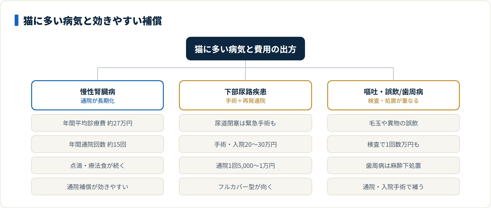 猫に多い病気を費用の出方で整理した図。慢性腎臓病は年間平均診療費約27万円・通院約15回と通院が長期化し、下部尿路疾患は手術20〜30万円規模、嘔吐や誤飲・歯周病は検査や処置が重なる。