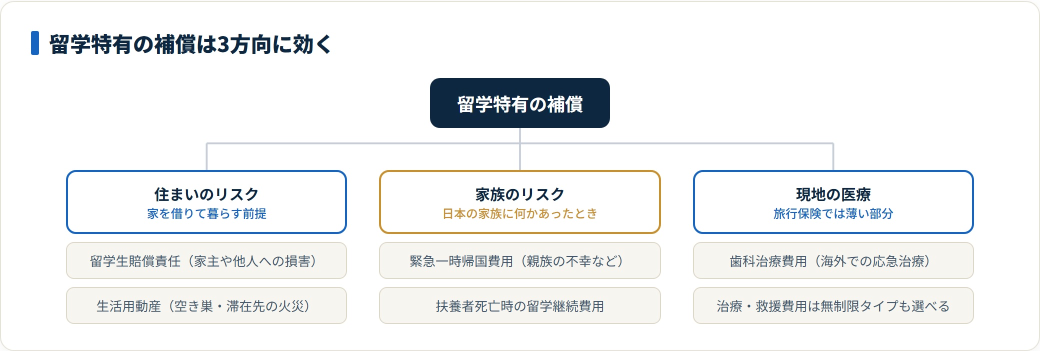 留学保険に特有の補償を住まい・家族・現地の医療の3方向に分類した図